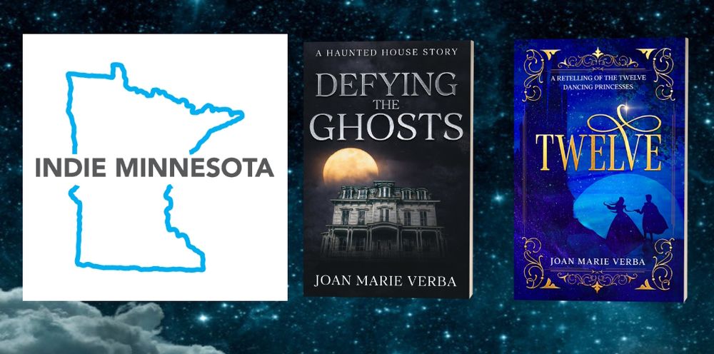 Covers of Defying the Ghosts and Twelve: A Retelling of The Twelve Dancing Princesses as well as the logo for Indie Minnesota
