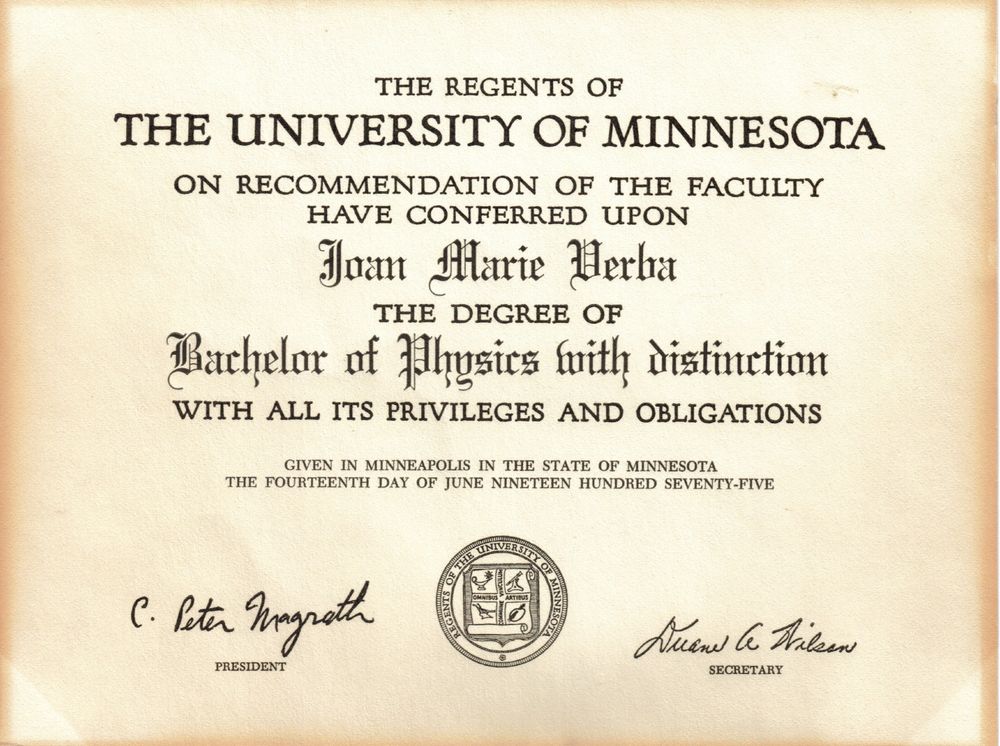 Diploma showing that Joan Marie Verba received a bachelor of physics degree on 14 June 1975. 