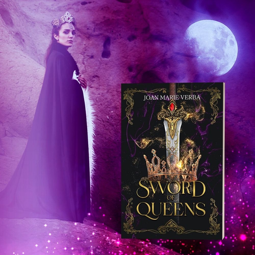 Cover of Sword of Queens with an image of a queen and a full moon