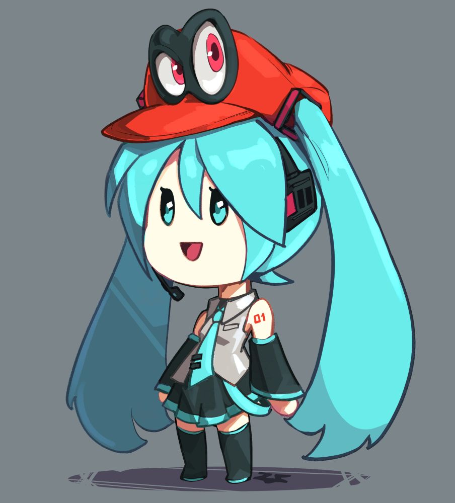 Chibi Hatsune Miku with Cappy from Mario Odyssey. Loved that game.

Insert Miku singing Jump Up Superstar! here