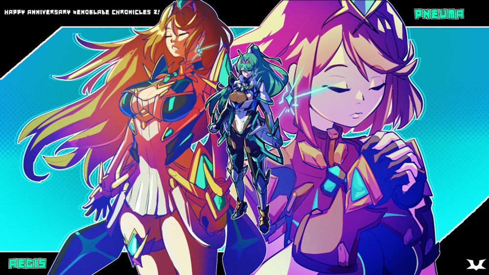 Pneuma, Pyra and Mythra drawing for Xenoblade Chronicles 2's 7th anniversary. Pneuma is front an center while Mythra and Pyra both have their eyes closed in the background. Pyra is praying and Mythra has her hair flowing out.

Happy Anniversary to Xenoblade Chronicles 2!!