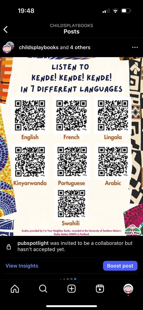 QR codes for book audio in English, French, Lingala, Kinyarwanda, Portuguese, Arabic, Swahili