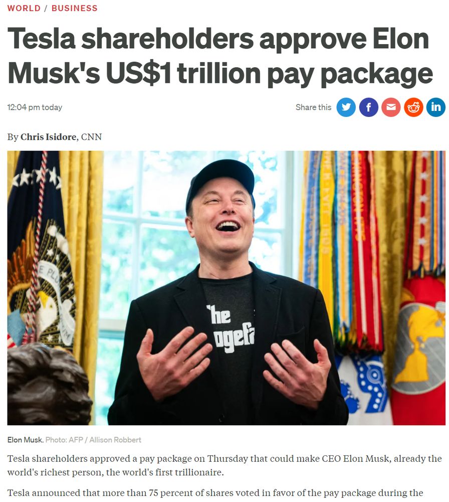 Tesla shareholders approve Elon Musk's US$1 trillion pay package