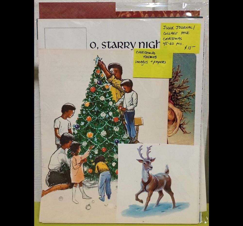 Photo of a 45-to-60-piece Christmas themed collage pack. Illustrations from children's books about Christmas are visible. Most of the pack's  contents are obscured, but the sample shown is representative of the contents.