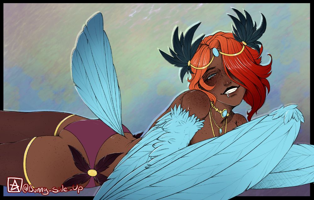 a Flatcolored Halfbody of a Harpy with shoulder length orange hair.
he has dark colored skin, bright blue wings and tail and blue eyes.
he is laying on his stomache, face turned to the fewer with a big grin
