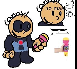 A reference image for a sort of off-brand looking Tristan with dotted blue eyes and text for hair that says "canny!" instead of "hair" like usual. He wears a costume of Mr. Incredible's legacy suit (the black and blue one) and is holding a toy microphone.