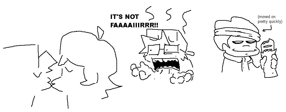 A really sloppy doodle of Boyfriend and Girlfriend kissing. Soyboy (Rizzfest BF) watches in anguish, never having found a stable relationship himself because of his egregious odor, among other things. "IT'S NOT FAAAAIIIRRR!!" shouts Soyboy from a distance, Boyfriend and Girlfriend paying him no mind. Pick, further in the background, is eating a chicken bake from Costco with a smug expression; he has happily moved on from a previous relationship with Soyboy.