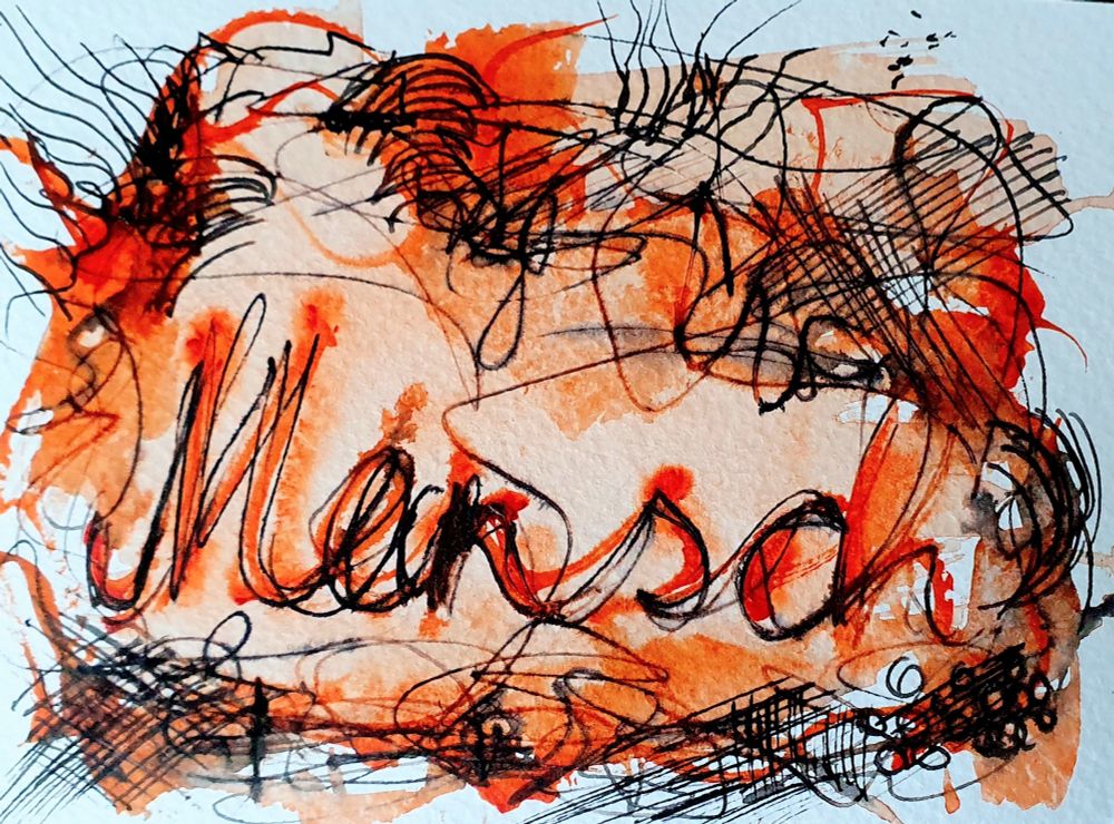 Quer. Aquarell orange Farbvariationen mit schwarzen Tintenstrichen. In der Mitte das Wort Mensch in Schreibschrift