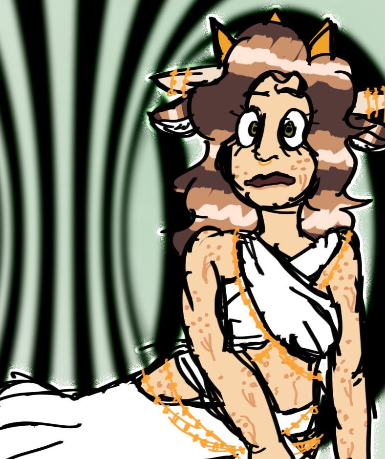 Amathea is wearing a cross tied wrap top and skirt that is also surrounded by gold beaded chains around her top and waist. she is also wearing a crown that is the same gold! Amathea has ears and horns. Her horns also have gold around them. and Finally she has a gold septum piercing! Amathea's hair is shaded with highlights that go horizontal. Amathea's skin is beige with darker beige marks and spots all over. Amathea belongs to https://artfight.net/~ladyfootlocker