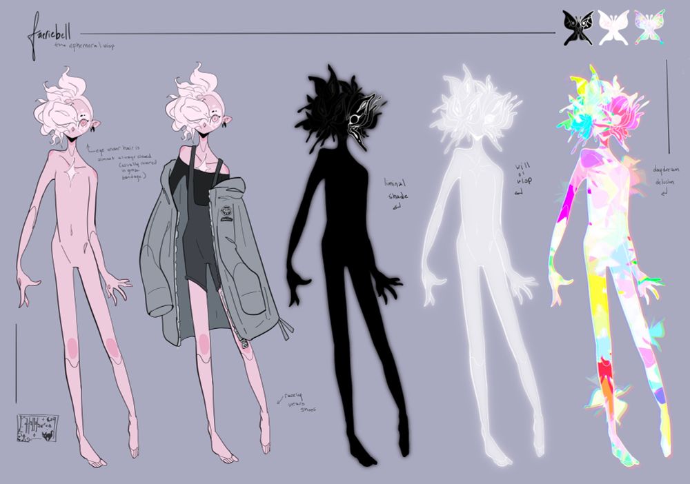Character reference for Faeriebell. Five versions of the character are show on the reference. The first two are their general form. The first shows off their body type. The second shows them off in a typical outfit, which includes a large oversized jacket falling off them. The final three are butterfly manifestation forms--one liminal shade, one will o'wisp, and the last a chromatic daydream delusion.