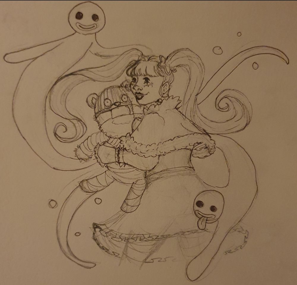 a sketch of Perona from One piece. woman with flowy pigtails, a mini cape with fur at the edge, a flowy skirt. her body is faced away from the viewer, while her head is turned to face the viewer. she's smiling and clutching a sentient teddy bear with bandages on it's arms. there's two long, cartoony ghosts floating around her.
