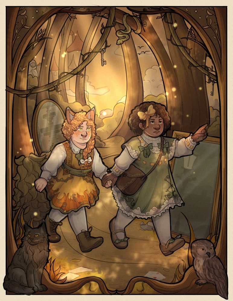 A digitally illustrated scene in a semi-realism cartoony style with warm, orange-tinted lighting and soft rendering. The image shows two young girls walking hand-in-hand through a parabolan foreest. The girl on the left, Penny, has cosmogone curly hair, cat ears, and cosmogone freckles, and she wears an orange dress with parabola scenery. The girl on the right has dark curly hair more afro-textured, with medium dark skin, with a large yellow bow, and wears a sage green dress with leafy embroidery and clouds dotted along the edge, and a crossbody satchel. She points forward with her free hand as they walk.

They are framed by an Art Nouveau-style arch made of twisted tree branches and curling vines. The forest around them glows with golden light, dappled across the ground and trees. Glowing keys hang from the branches., while a snake hovers near.Two mirrors are embedded in the background reflecting scenes. A black cat with glowing amber eyes sits in the lower-left corner, while an owl perches in the lower-right. Small paper cards and pages are scattered along the forest floor. The entire composition is warm, whimsical, and otherworldly, evoking the dreamy strangeness of Parabola with vibe allusions to Alice in Wonderland.

