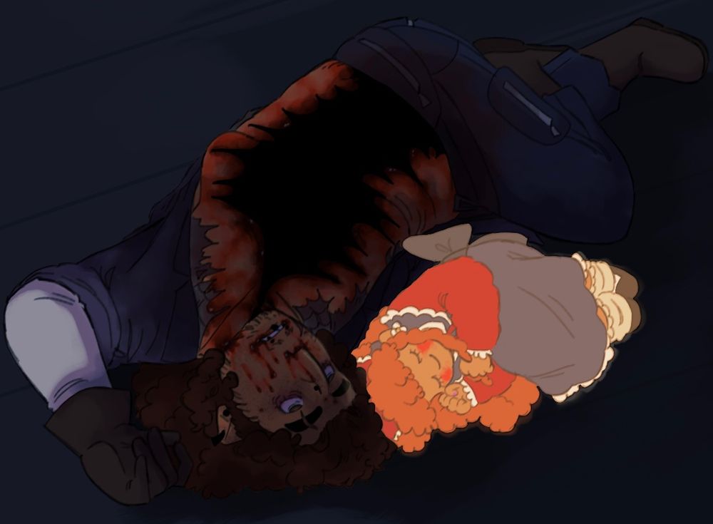 Michael Afton from FNaF laying on the floor with a giant hole torn in his torso and blood covering his body and face, his eyes clouded and rolled back. Next to him is Elizabeth Afton curled up like she’s asleep, glowing.