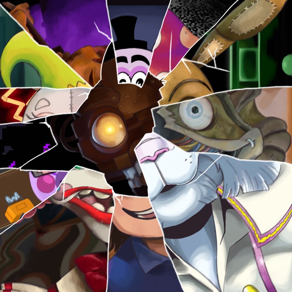 A drawing of The Mimic in the center of shattered glass, each piece of glass representing another form of The Mimic, or something that was created because of it. Clockwise it goes Helpi from Help Wanted 2, Mushroom costume, Glitchtrap, Mimic's Ruin costume, Tiger Rock, "Gregory", Jackie, Helpi from Ruin, Glitchtrap in Princess Quest, Vanny, the Jester costume, and Burntrap.