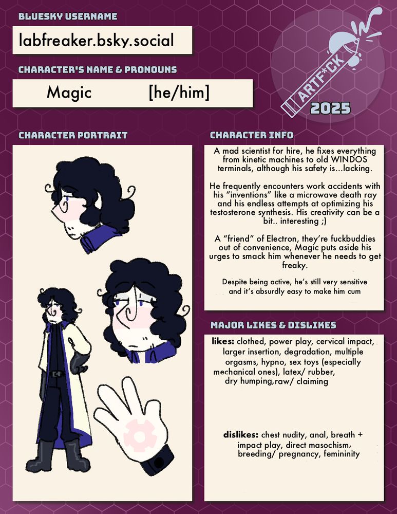 Character reference sheet for magic, fully clothed in his jumpsuit, rubber gloves and boots and his lab coat. “A mad scientist for hire, he fixes everything from kinetic machines to old WINDOS terminals although his safety is lacking. He frequently encounters work accidents with his “inventions” like a microwave death ray and his endless attempts of optimizing his testosterone synthesis. His creativity can be a bit…interesting. A “friend” of electron they’re fuckbuddies out of convenience magic puts aside his urges to smack him whenever he needs to get freaky. Despite being active he’s still very sensitive and it’s absurdly easy to make him cum.”

He likes: clothed, power play, cervical impact, large insertion, degradation, multiple orgasms, hypno, sex toys especially mechanical ones, latex/rubber, dry humping, raw /claiming

He dislikes: chest nudity, anal, breath + impact play,  direct masochism, breeding / pregnancy, femininity