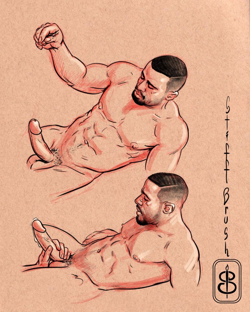 A cleaned up and digitally inked version of the red pencil sketch study of a muscle bound and aroused man about to get a bj