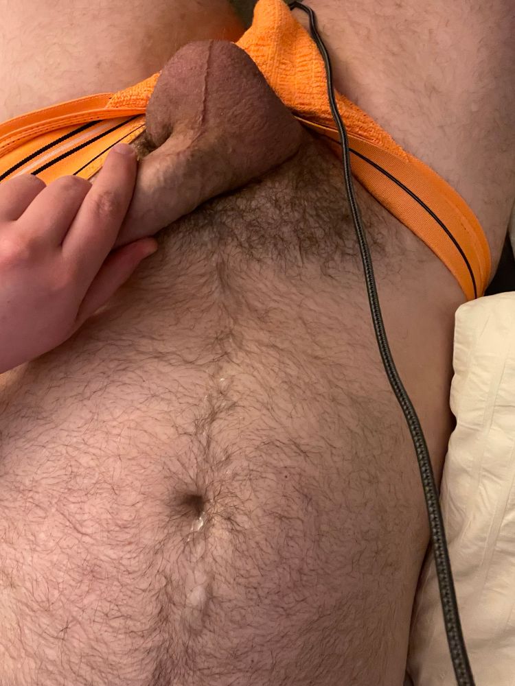 My post orgasm cum covered hairy tummy and with me grabbing my rapidly shrinking erection