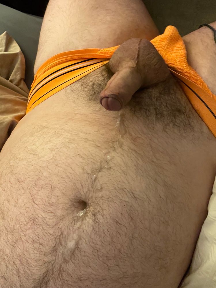 My post orgasm cum covered hairy tummy and rapidly shrinking uncut erection