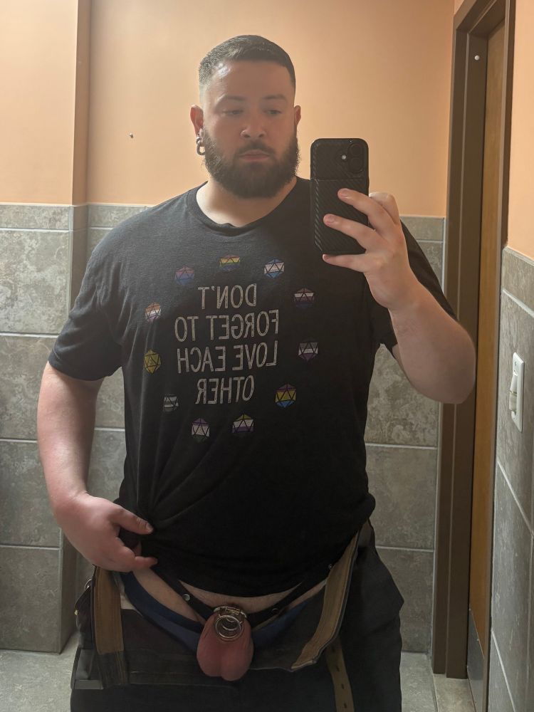 Another mirror selfie featuring my freshly cut hair, and newly locked dicklet being weighed down by my already achy balls