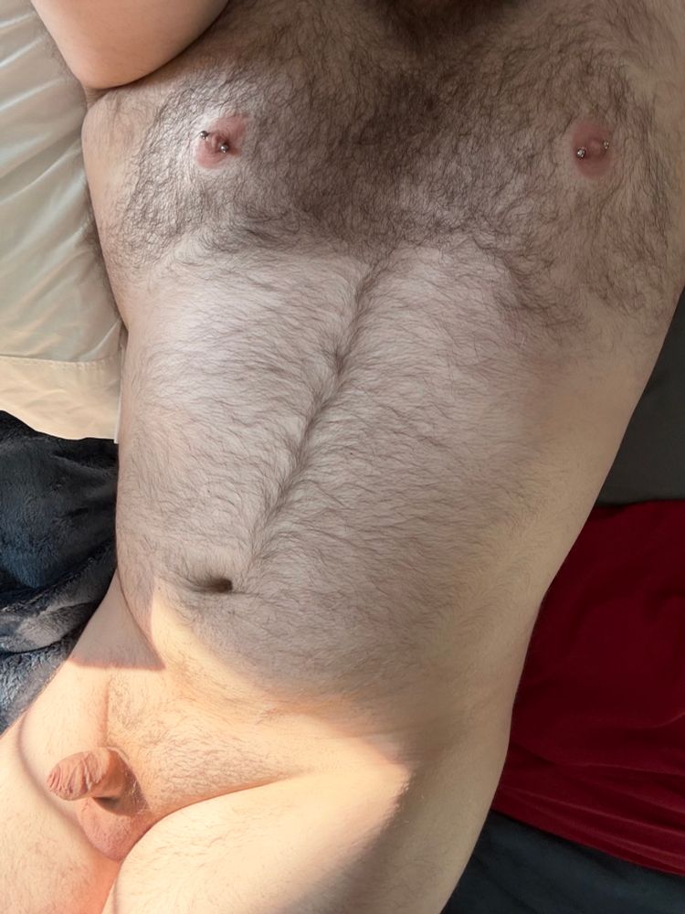 Another pic looking down at my hairy torso, but, in this one, the sun is aimed at my small flaccid dick and cold tight balls. 