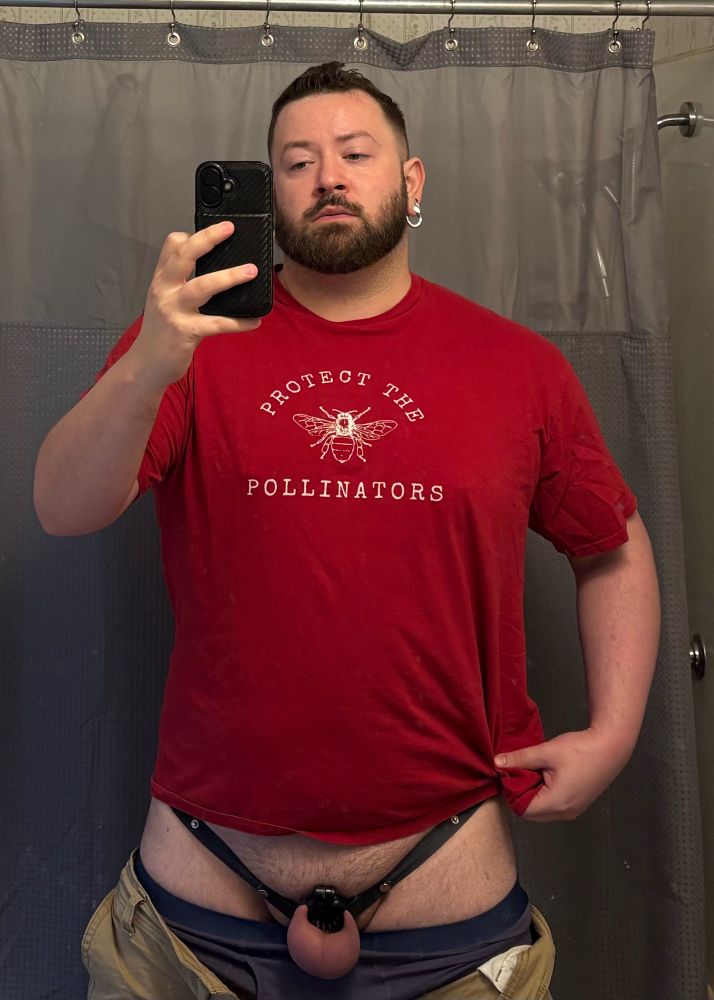 Sleepy mirror selfie flipped so the text on the shirt can be read (it’s a red shirt with white text saying Protect the Pollinators and a depiction of a honey bee); I’m pulling my shirt out of the way so my locked dicklet and hefty balls are more visible 