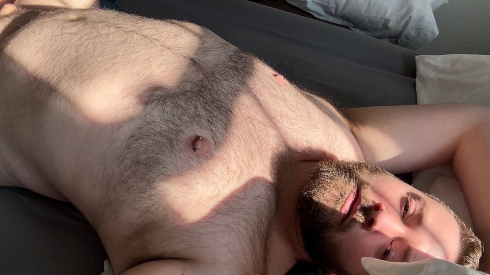 A dramatic sunny nude selfie of me reclining on a mattress with my hands behind my head; in the upper left hand corner, a hint of my flaccid willy is visible, then you can clearly see my fuzzy belly and torso with cast shadows from the window contouring my body leading to my bearded face in the lower right hand corner with a come-hither expression while gazing at the camera. 