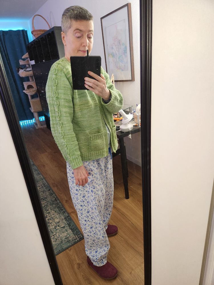 Me modeling my new celery green cardigan. It has unusual "banjo" cables down the sleeves and simple pockets. I am wearing my jammy pants and felt slippers.