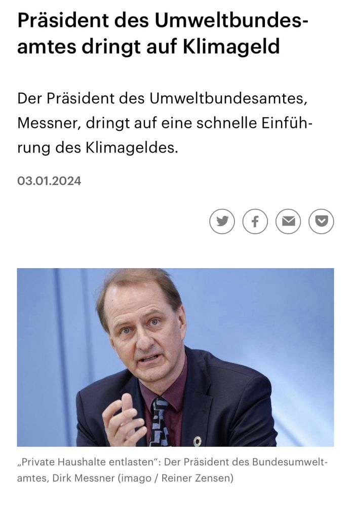 Auf dem Bild zu sehen ist ein Foto von Dirk Messner, dem Präsidenten des Umwelt Bundesamtes. Die Bildunterschrift lautet: „Private Haushalte entlasten“: der Präsident des Umweltbundesamtes, Dirk Messner (imago/Rainer Zensen).
Die Überschrift lautet: Präsident des Umweltbundesamtes dringt auf Klimageld. 
Darunter der Text: Der Präsident des Umweltbundesamt es, Messner, dringt auf eine schnelle Einführung des Klimageldes. 03.01.2024.