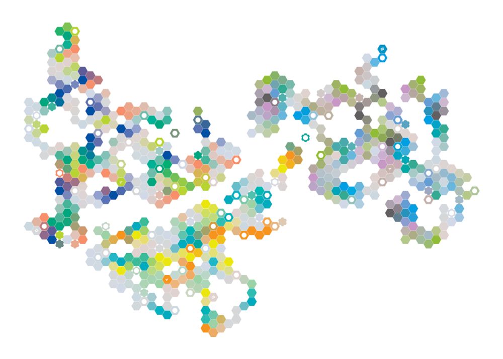 Hex Translator build 20250802 output for three different strings, one for each of the Tri-Cities. The patterns are then arranged with flipping/rotating to fit together. Each city has a different color palette determined by its input string.