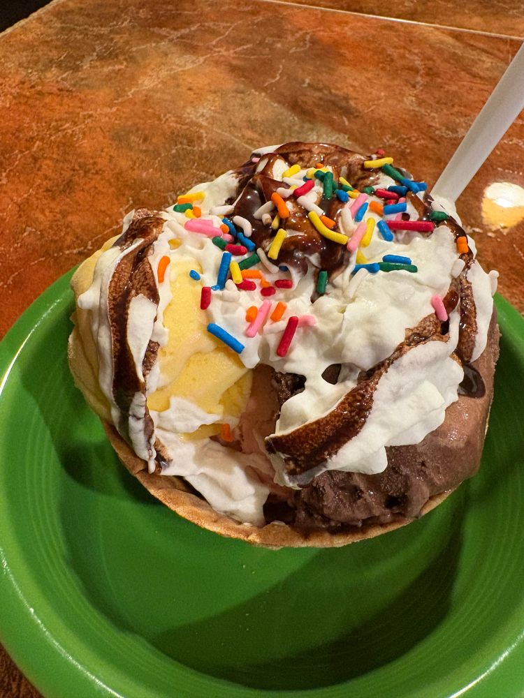 Photo of a waffle bowl ice cream sundae with colorful sprinkles.
