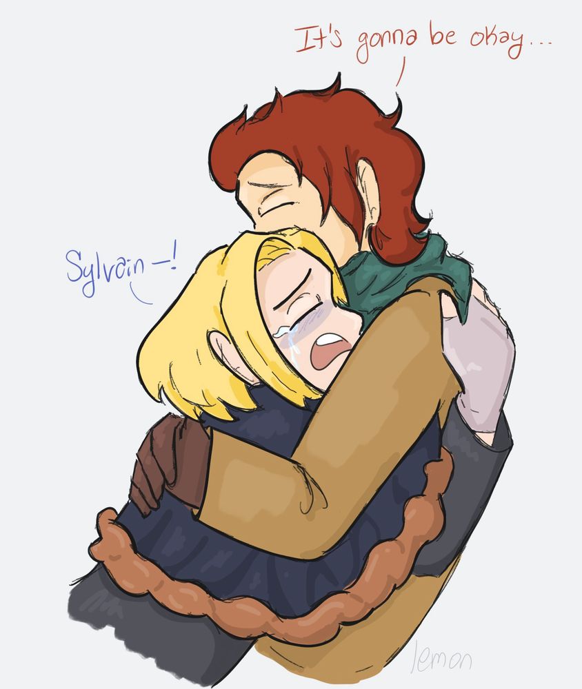 Color art. Child Dimitri is sobbing and clinging to child Sylvain, who is holding him. Dimitri is crying Sylvain’s name and Sylvain is saying “it’s gonna be okay…” although he also looks about to cry.