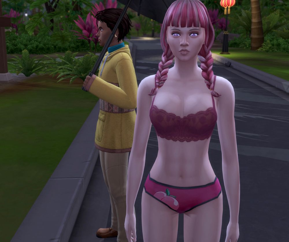 Sims screenshot. Hilda and Claude are standing outside in the rain facing away from each other. Claude has on a rain jacket and an umbrella, but Hilda is in a bra and undies.