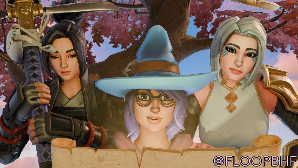 Elmira, Hime, and Ark from Fortnite looking at a glowing map under a tree.
