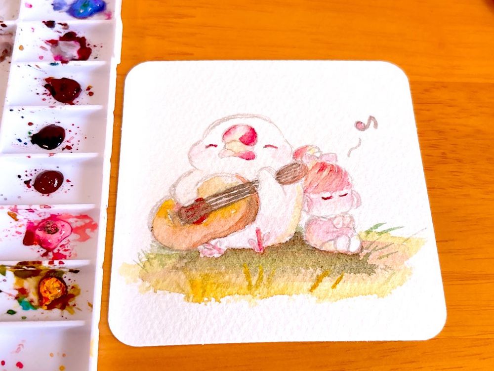 ギターを弾く白文鳥さんと女の子の水彩画