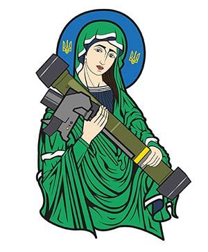 An image of St. Javelin; a woman drawn as an Eastern Orthodox style saint, holding a Javelin portable anti-tank weapon. 