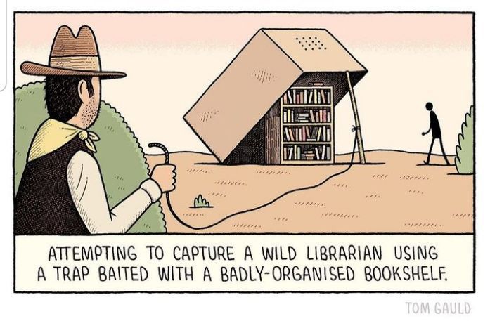 Cartoon: attempting to capture a wild Librarian using a trap baited with a badly organized bookshelf