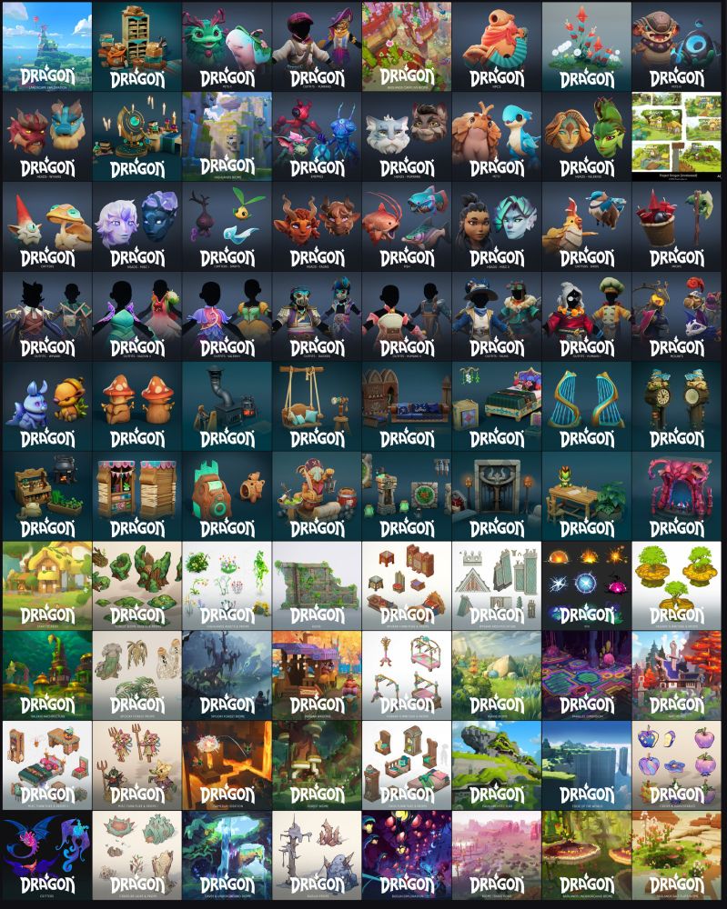 A screenshot of all portfolio thumbnails in our ArtStation gallery for Project Dragon (Everhaven). To be found at: https://www.artstation.com/airbornstudios/albums/13589430
