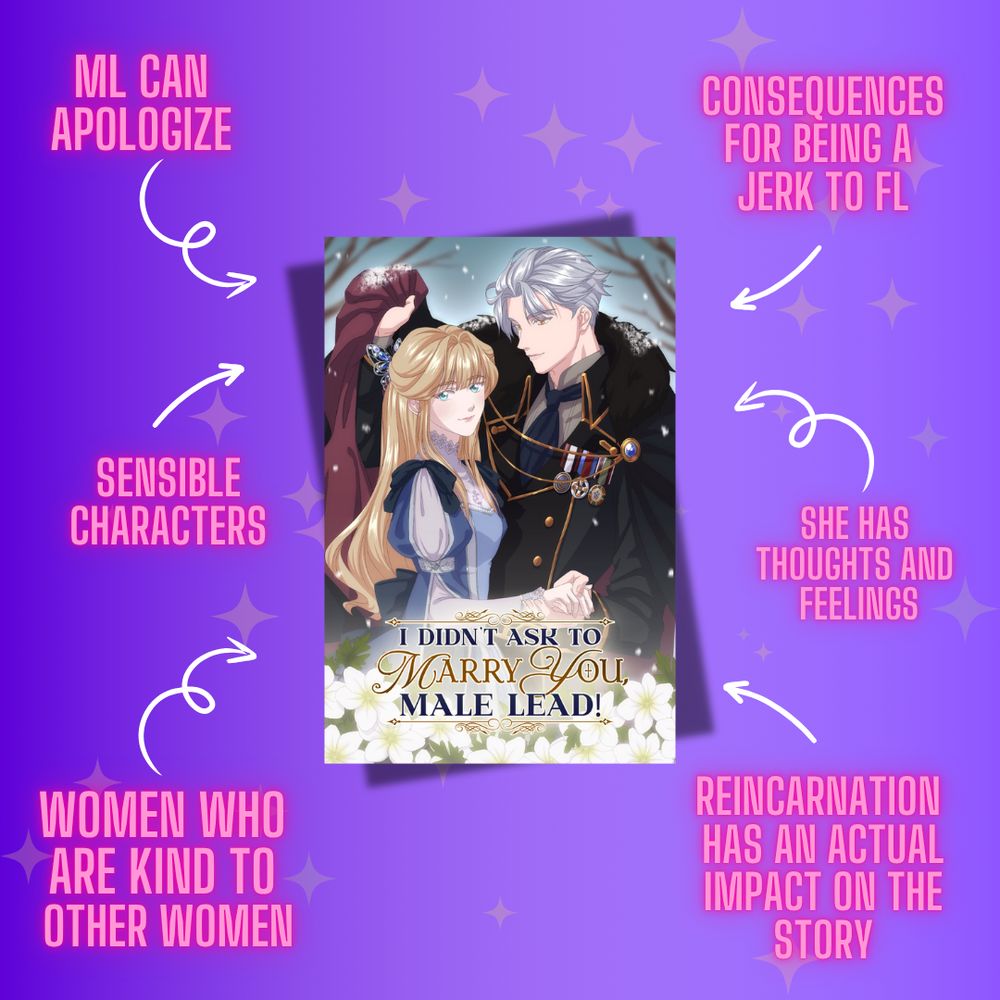 A collection of themes about the novel 'I Didn't Ask to Marry You, Male Lead!' including 'sensible characters' and 'women who are kind to other women.'