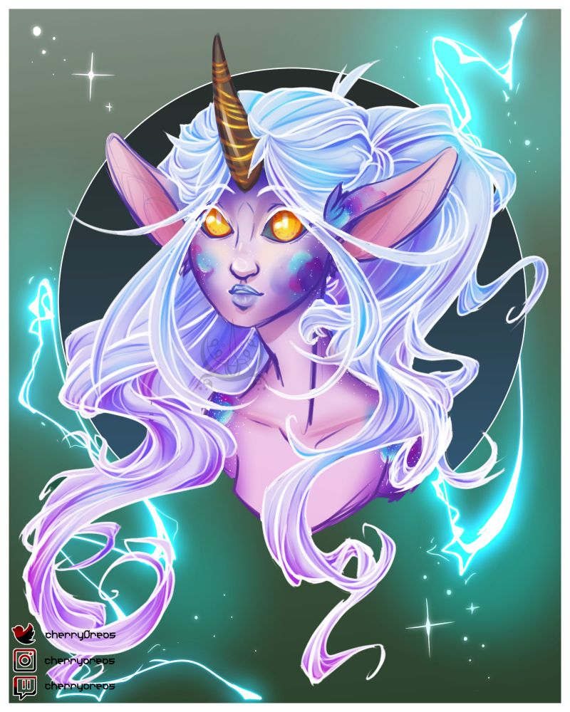A kirin/unicorn anthropomorphic head shot of a feminine/androgynous figure. Their skin is full of soft galaxy colors. Hair is opalecent and flowing. Blue lighting with sparkles illuminates the background.