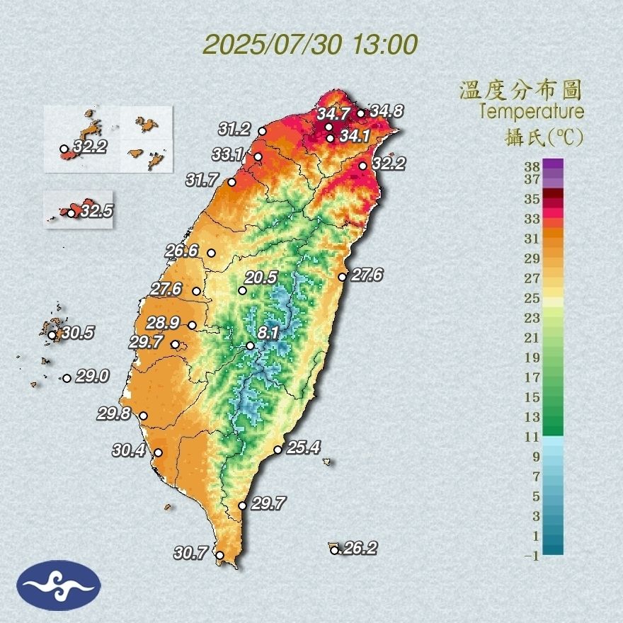 Another temperature map from the CWA showing 34.7 degrees in Taipei.
