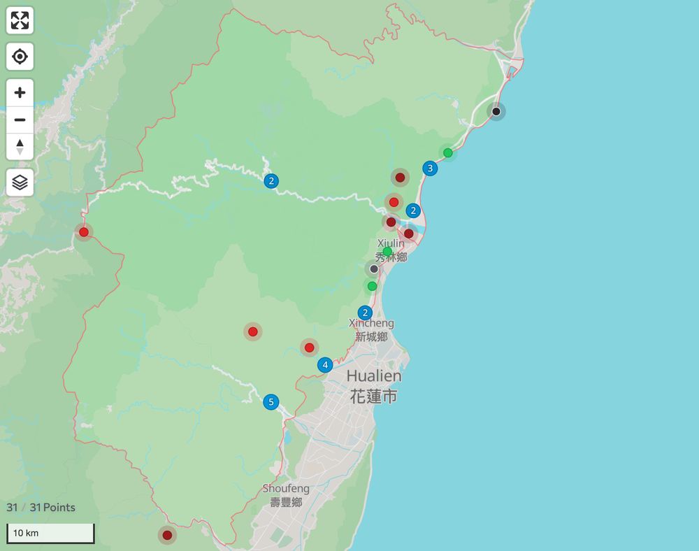 Screenshot of a mapping application showing Xiulin with 31 points on the map.