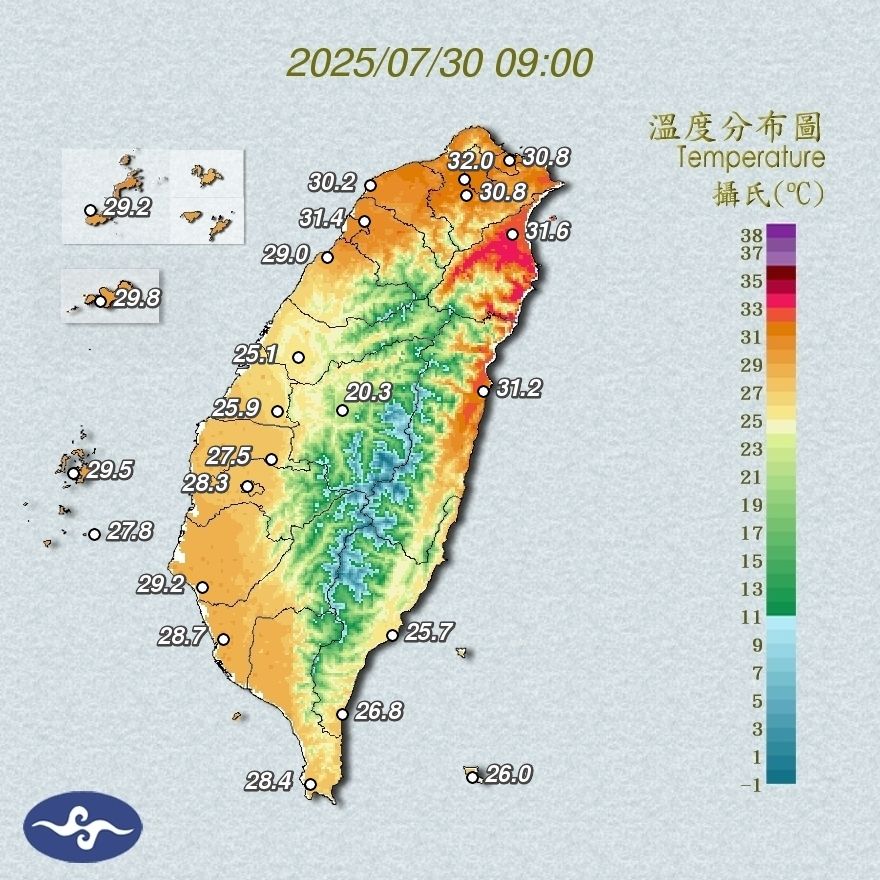 A weather map of temperature in Taiwan. Taipei hit 32 already, Taichung is at 25.1, Kaohsiung at 28.7.