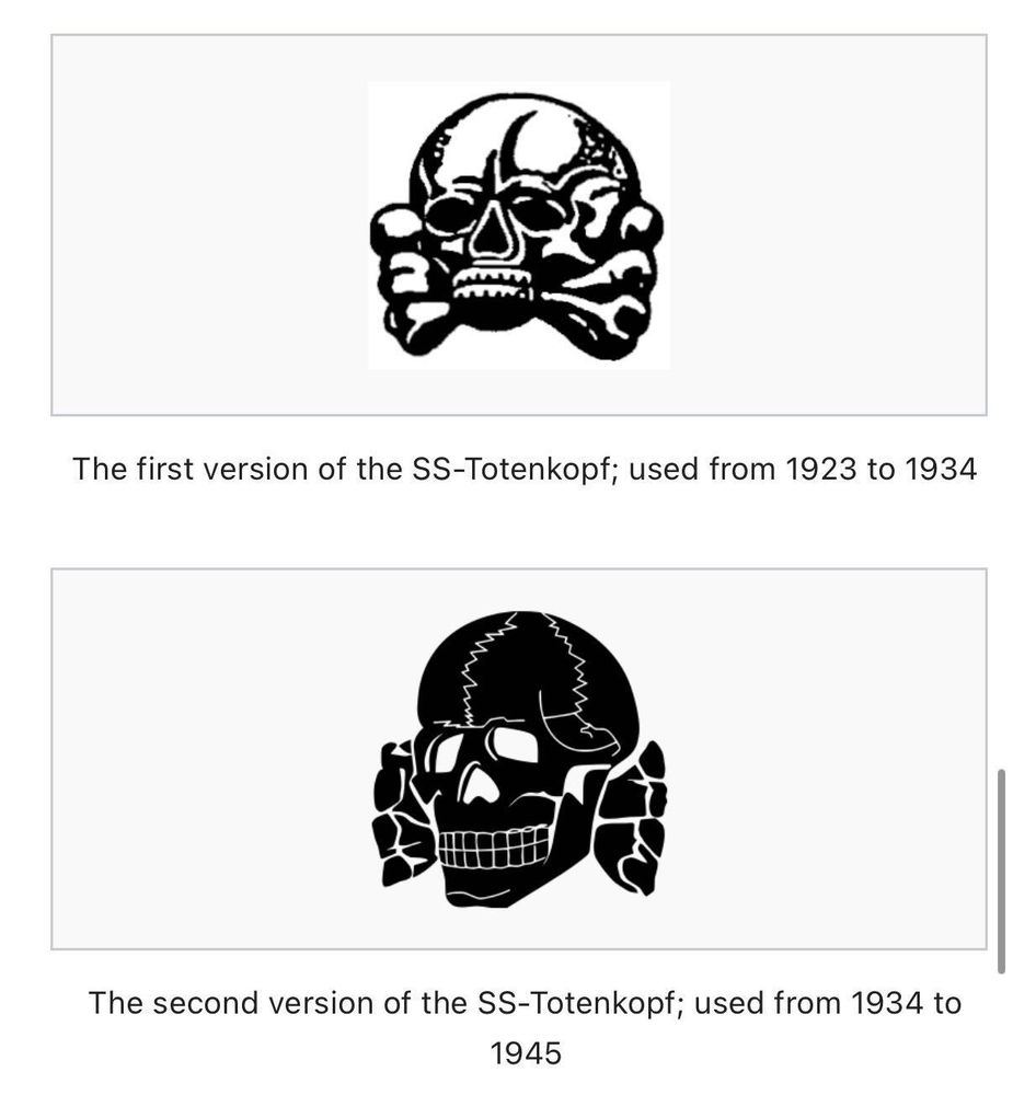 Screenshot from Wikipedia of the first and second versions of the SS-Totenkopf