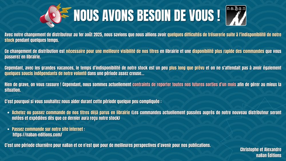 Message des editions naBan liés à leur situation suite à leur changement de distributeur en aout 2025
