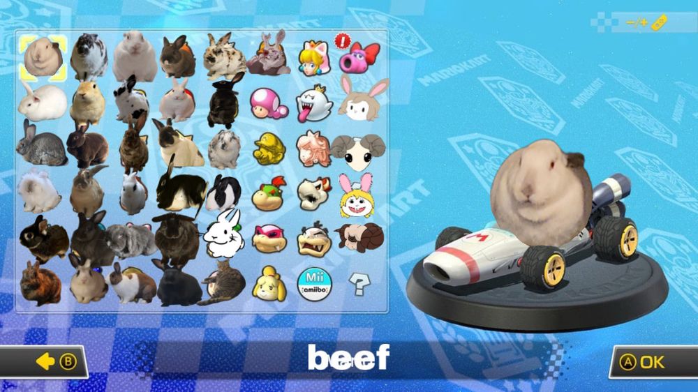 a screenshot from mario kart 8 deluxe edited to have rabbits in place of the characters 