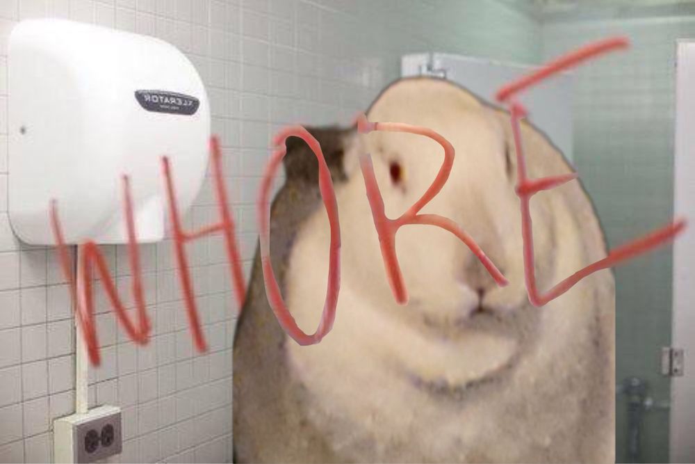 a fat white rabbit with grey ears and a grey nose in front of a mirror that has whore written on it with red lipstick