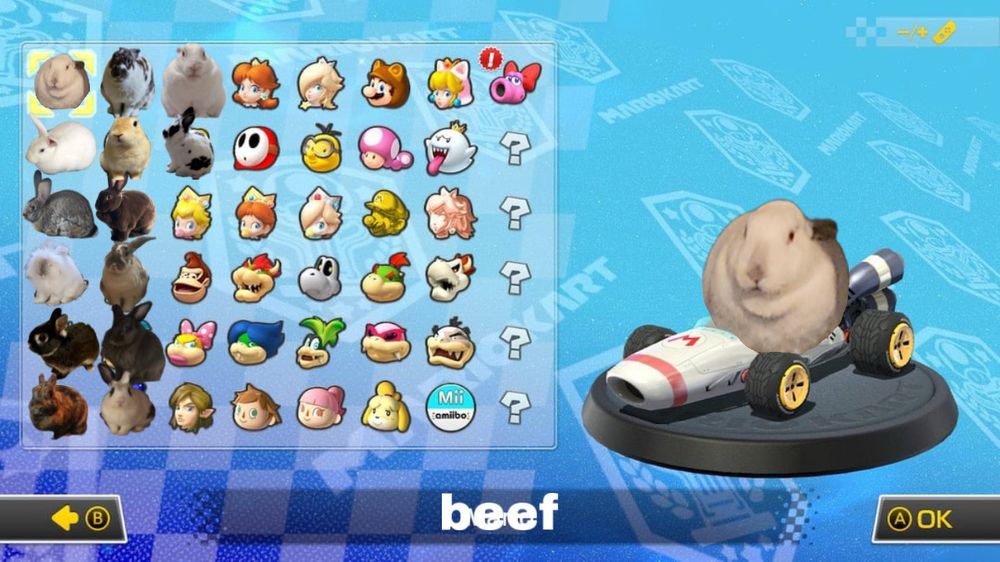 a screenshot of mario kart 8 deluxe. a fat white rabbit has replaced mario