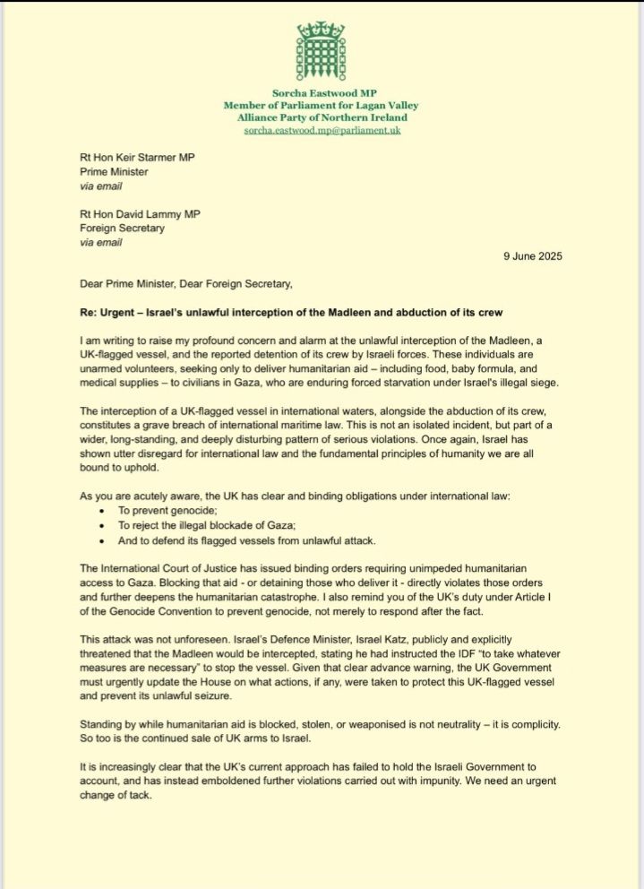 A letter from Sorcha Eastwood MP to the Prime Minister about the illegal seizure by Israel of a boat with humanitarian aid for Gaza.