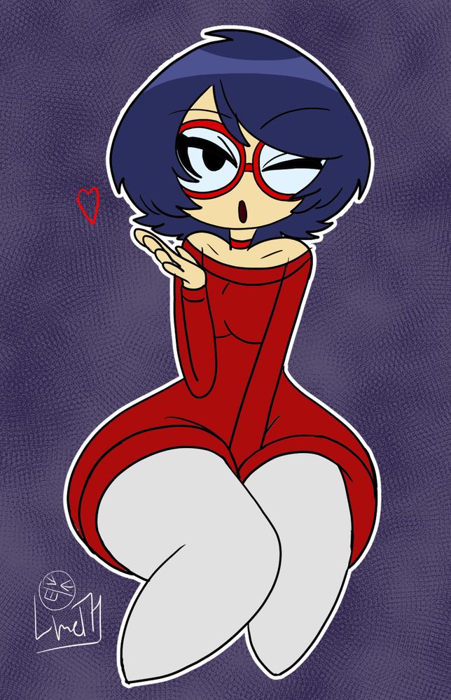 Original character Beat, a glasses wearing Japanese girl, wearing her hair in a more stylized bob, a red sweater dress and white leggings. She's blowing a kiss and winking to the viewer