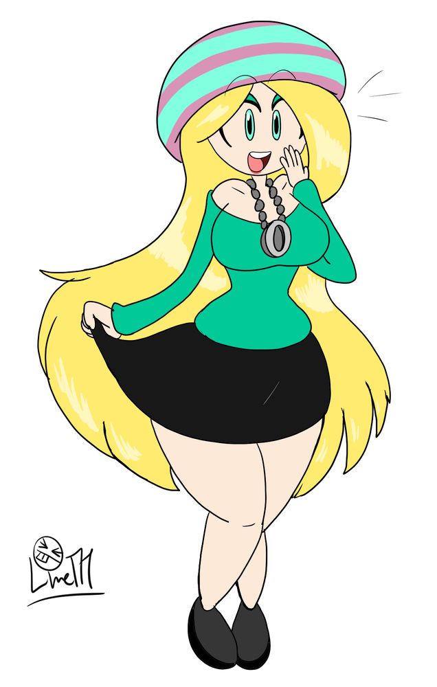 My character Rose, a girl with long pale blonde hair and a striped knit hat, is lifting her skirt in a slight curtsy.